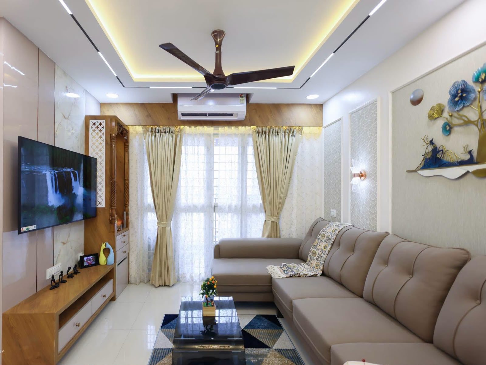 Living room with warm gold ceiling lighting