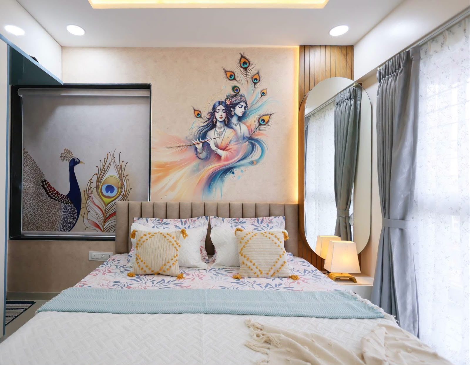 Master bedroom with hand-painted Radha-Krishna mural